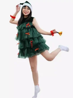 Ensemble de Noël Robe Vert Foncé Accessoire Chapeau Costumes de Vacances de Noël