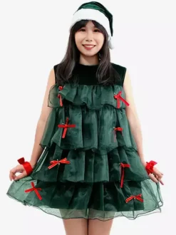 Ensemble de Noël Robe Vert Foncé Accessoire Chapeau Costumes de Vacances de Noël
