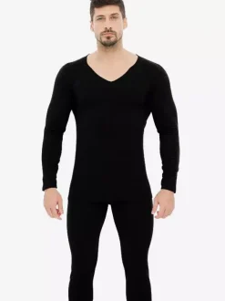 Ensemble de sous-vêtements unisexe doublé polaire coupe ajustée col en V haut et bas sans coutures.