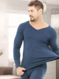 Ensemble de sous-vêtements unisexe doublé polaire coupe ajustée col en V haut et bas sans coutures.