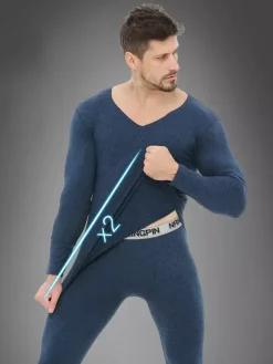Ensemble de sous-vêtements unisexe doublé polaire coupe ajustée col en V haut et bas sans coutures.