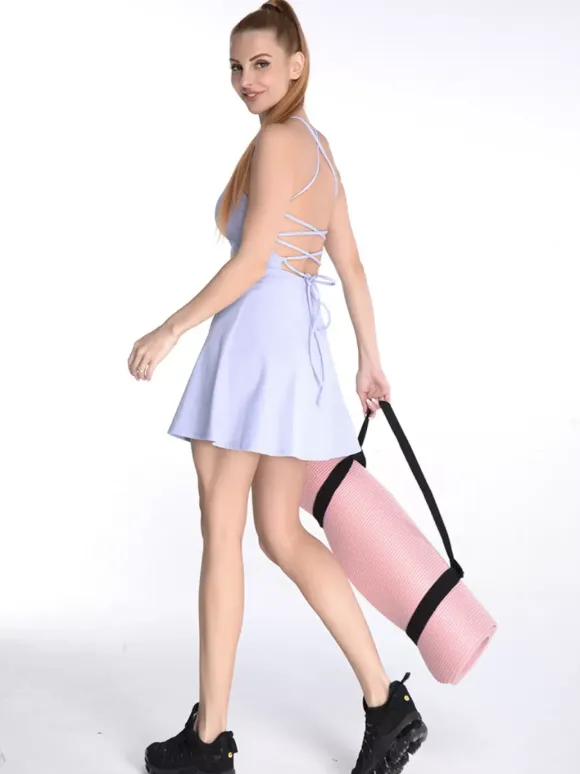Ensemble De Sport Robe Dos Nu Short Femme À Bretelles Spaghetti Athlétique Lycra Spandex Vêtements De Sport