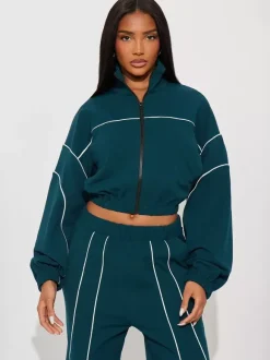 Ensemble de survêtement court zippé à bordure passepoilée et jambes larges pour femmes 2026