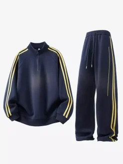 Ensemble de survêtement 2 pièces pour homme col montant manches longues sweat-shirt rayé et pantalon
