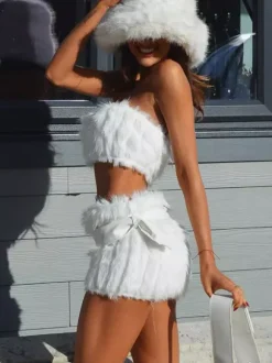 Ensemble deux pièces blanc chic style villégiature en polyester jupe bustier sans manches