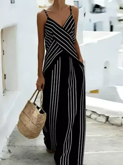 Ensemble deux pièces blanc à rayures décontractées pantalon et bretelles en polyester style décontracté au quotidien.