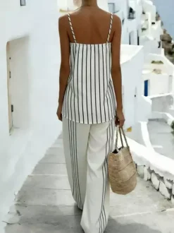 Ensemble deux pièces blanc à rayures décontractées pantalon et bretelles en polyester style décontracté au quotidien.