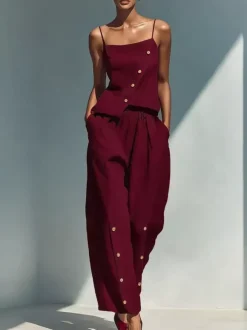 Ensemble deux pièces bleu ciel streetwear en lin boutons bretelles asymétriques col sans manches pantalon décontracté