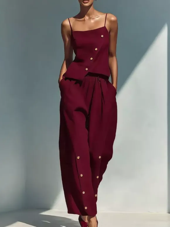 Ensemble deux pièces bleu ciel streetwear en lin boutons bretelles asymétriques col sans manches pantalon décontracté