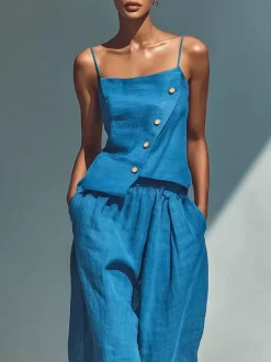 Ensemble deux pièces bleu ciel streetwear en lin boutons bretelles asymétriques col sans manches pantalon décontracté