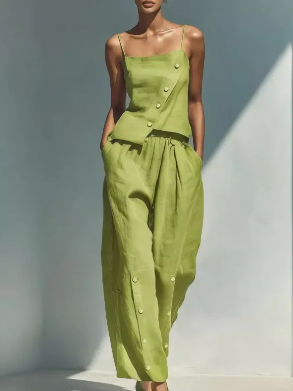 Ensemble deux pièces bleu ciel streetwear en lin boutons bretelles asymétriques col sans manches pantalon décontracté