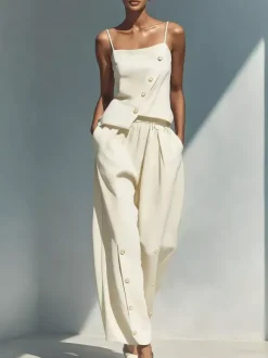 Ensemble deux pièces bleu ciel streetwear en lin boutons bretelles asymétriques col sans manches pantalon décontracté