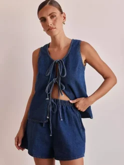 Ensemble deux pièces bleu décontracté streetwear en coton à col rond sans manches