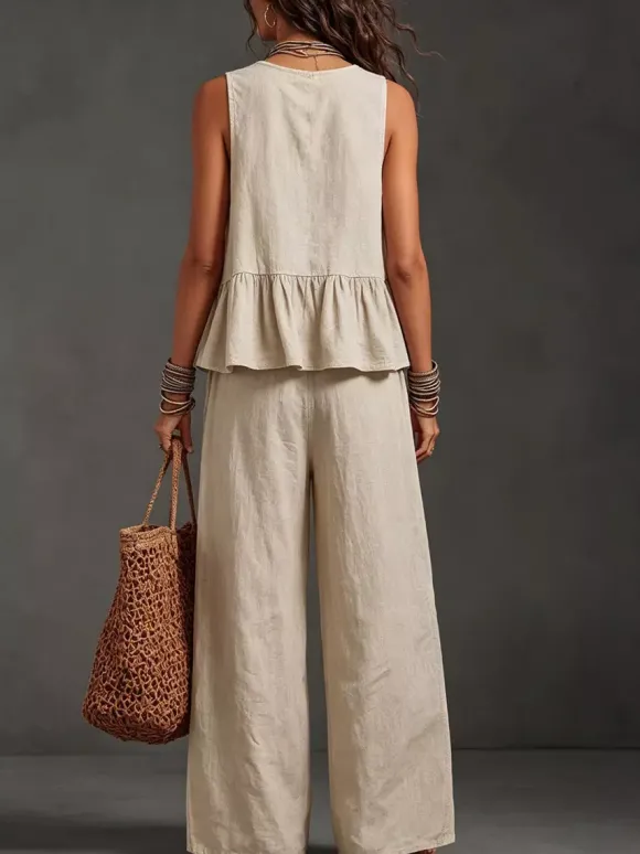 Ensemble deux pièces : débardeur bohème sans manches ivoire à col rond et pantalon large