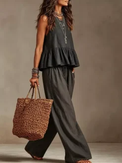 Ensemble deux pièces : débardeur bohème sans manches ivoire à col rond et pantalon large