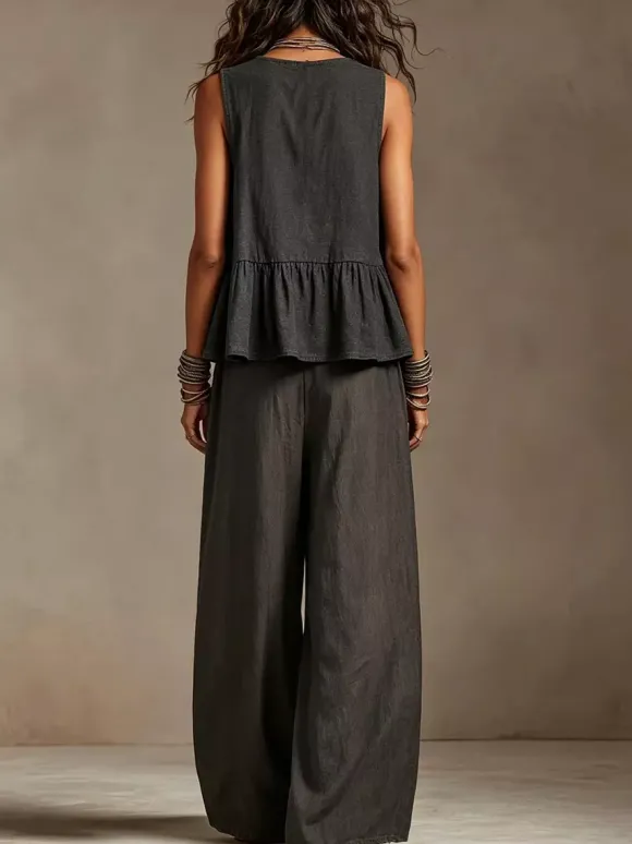 Ensemble deux pièces : débardeur bohème sans manches ivoire à col rond et pantalon large