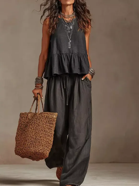 Ensemble deux pièces : débardeur bohème sans manches ivoire à col rond et pantalon large