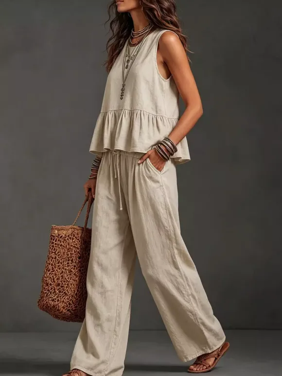 Ensemble deux pièces : débardeur bohème sans manches ivoire à col rond et pantalon large