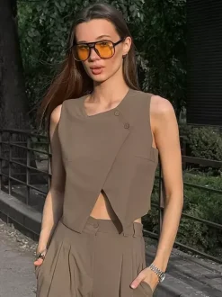 Ensemble deux pièces d'été pour femme haut asymétrique et pantalon droit 2026