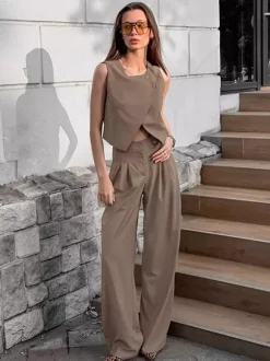 Ensemble deux pièces d'été pour femme haut asymétrique et pantalon droit 2026
