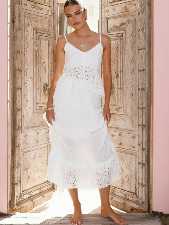 Ensemble deux pièces en coton ajouré pour femme - Débardeur blanc bohème et jupe longue à volants - Idéal pour une fête d'été sur la plage 2026