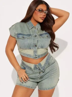 Ensemble deux pièces en denim pour femme - Crop top bleu délavé style années 2000 et short taille repliable - Streetwear été 2026