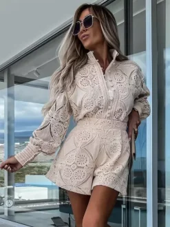 Ensemble deux pièces en dentelle chemise à manches longues et short 2026