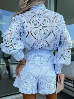 Ensemble deux pièces en dentelle chemise à manches longues et short 2026