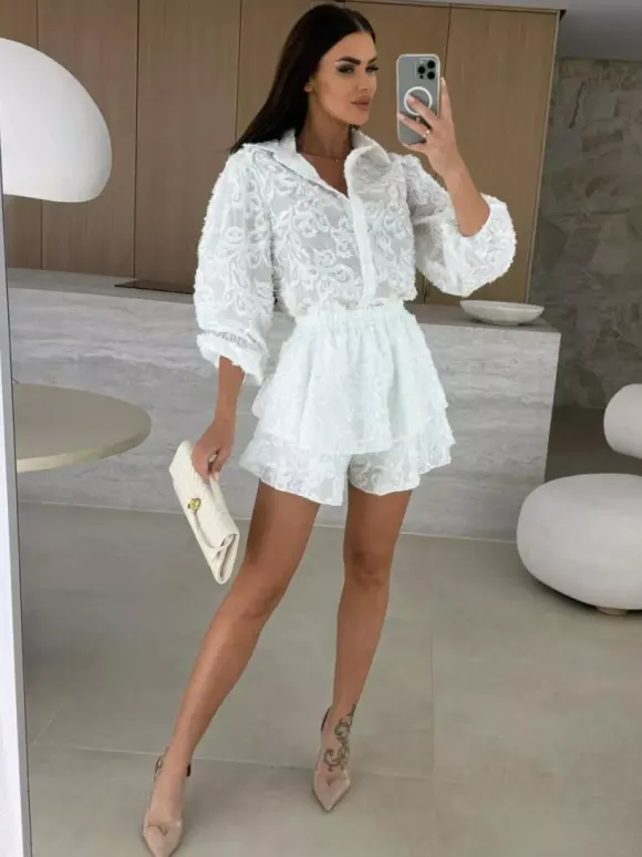 Ensemble deux pièces en jacquard chemise à manches longues et short superposé 2026
