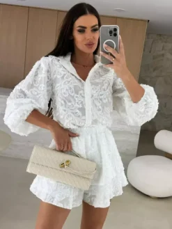 Ensemble deux pièces en jacquard chemise à manches longues et short superposé 2026