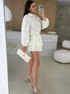Ensemble deux pièces en jacquard chemise à manches longues et short superposé 2026