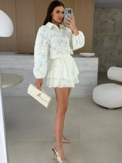 Ensemble deux pièces en jacquard chemise à manches longues et short superposé 2026