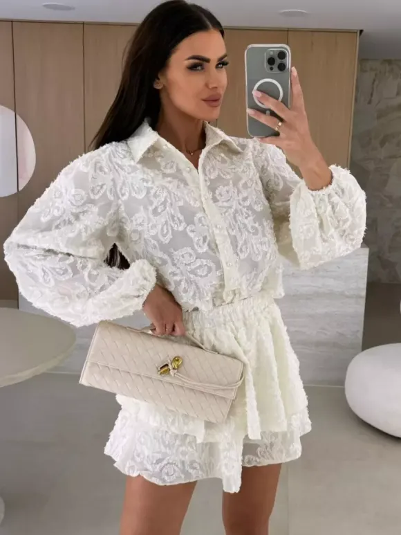 Ensemble deux pièces en jacquard chemise à manches longues et short superposé 2026