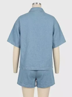 Ensemble deux pièces en jean délavé moyen pour femme - Short à cordon et chemise boutonnée - Tenues décontractées d'été 2026