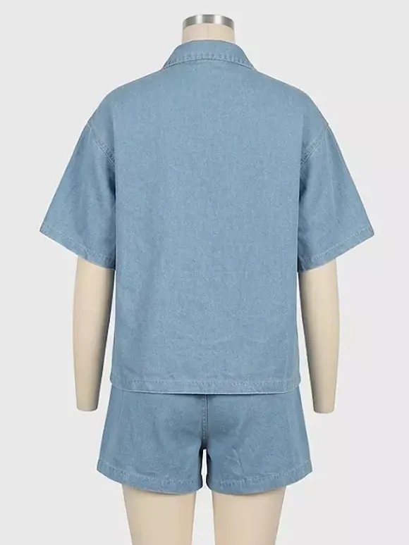 Ensemble deux pièces en jean délavé moyen pour femme - Short à cordon et chemise boutonnée - Tenues décontractées d'été 2026