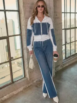 Ensemble deux pièces en patchwork de denim pour femme - Sweat à capuche clouté et pantalon large - Survêtement streetwear printemps 2026