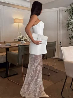 Ensemble deux pièces femme : haut bustier et jupe longue en dentelle - Coupe élégante et ajustée - Dentelle florale - Tenue de soirée estivale 2026