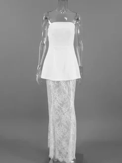 Ensemble deux pièces femme : haut bustier et jupe longue en dentelle - Coupe élégante et ajustée - Dentelle florale - Tenue de soirée estivale 2026