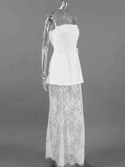 Ensemble deux pièces femme : haut bustier et jupe longue en dentelle - Coupe élégante et ajustée - Dentelle florale - Tenue de soirée estivale 2026