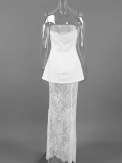 Ensemble deux pièces femme : haut bustier et jupe longue en dentelle - Coupe élégante et ajustée - Dentelle florale - Tenue de soirée estivale 2026