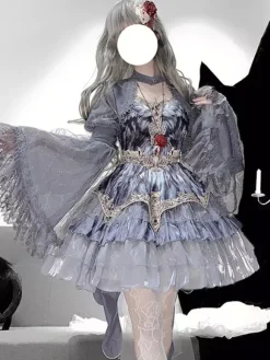 Ensemble deux pièces Gothic Lolita : robe bustier JSK et cape grise à manches transparentes