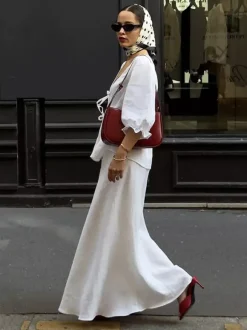 Ensemble deux pièces jaune décontracté streetwear : jupe à col V et manches bouffantes 3/4
