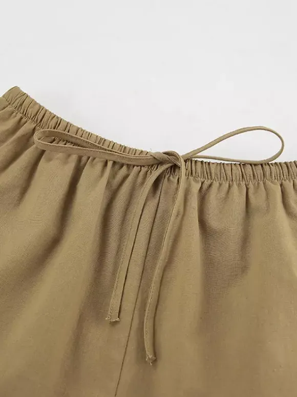 Ensemble deux pièces kaki streetwear en lin à col rabattu et manches longues et pantalon