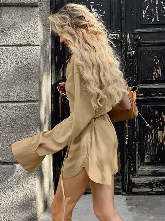 Ensemble deux pièces kaki streetwear en lin à col rabattu et manches longues et pantalon