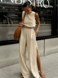 Ensemble deux pièces kaki streetwear en coton à col rond et sans manches pantalon chic
