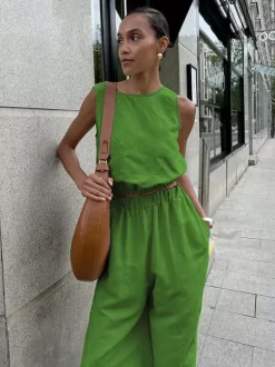 Ensemble deux pièces kaki streetwear en coton à col rond et sans manches pantalon chic