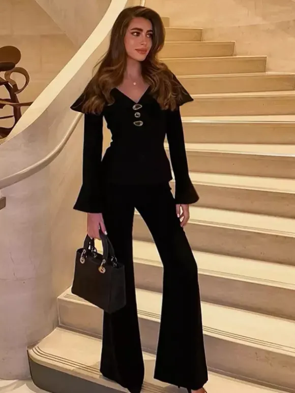 Ensemble deux pièces élégant pour femme tailleur pantalon - Col montant vintage boutons dorés manches cloche - Tenue de soirée de gala printemps 2026