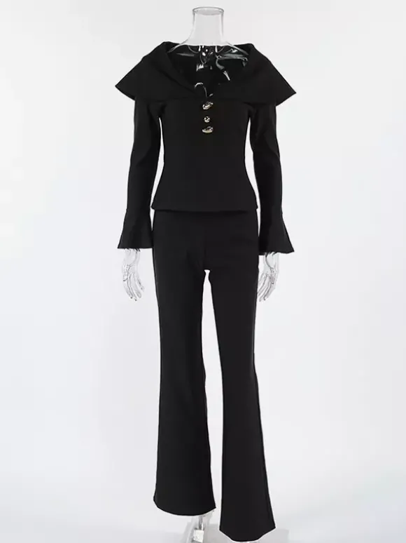 Ensemble deux pièces élégant pour femme tailleur pantalon - Col montant vintage boutons dorés manches cloche - Tenue de soirée de gala printemps 2026
