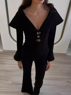 Ensemble deux pièces élégant pour femme tailleur pantalon - Col montant vintage boutons dorés manches cloche - Tenue de soirée de gala printemps 2026