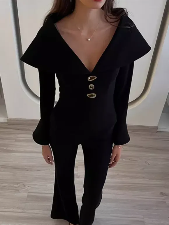 Ensemble deux pièces élégant pour femme tailleur pantalon - Col montant vintage boutons dorés manches cloche - Tenue de soirée de gala printemps 2026